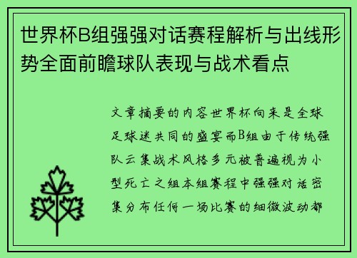 世界杯B组强强对话赛程解析与出线形势全面前瞻球队表现与战术看点