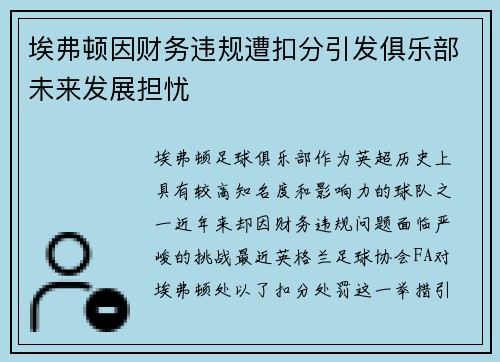 埃弗顿因财务违规遭扣分引发俱乐部未来发展担忧